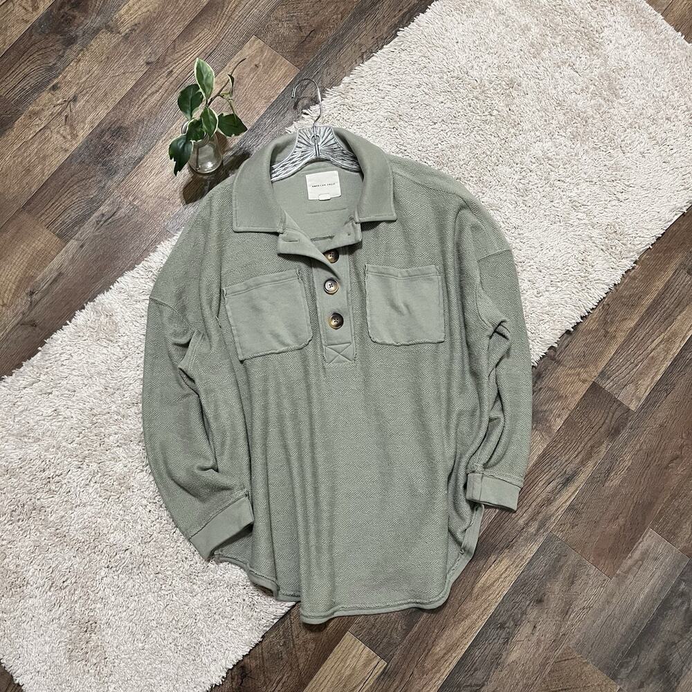 American Eagle XS Oversized Sage Green Textured Henley Pullover Sweater Shacket